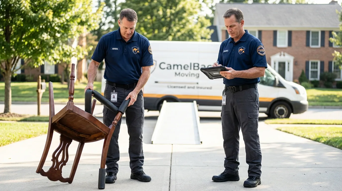 Movers inspecting furniture for damage prevention before loading in Saint Matthews, SC