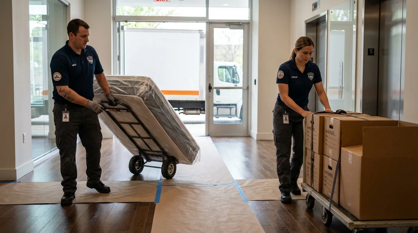 Professional apartment movers loading elevator in Saint Matthews, SC