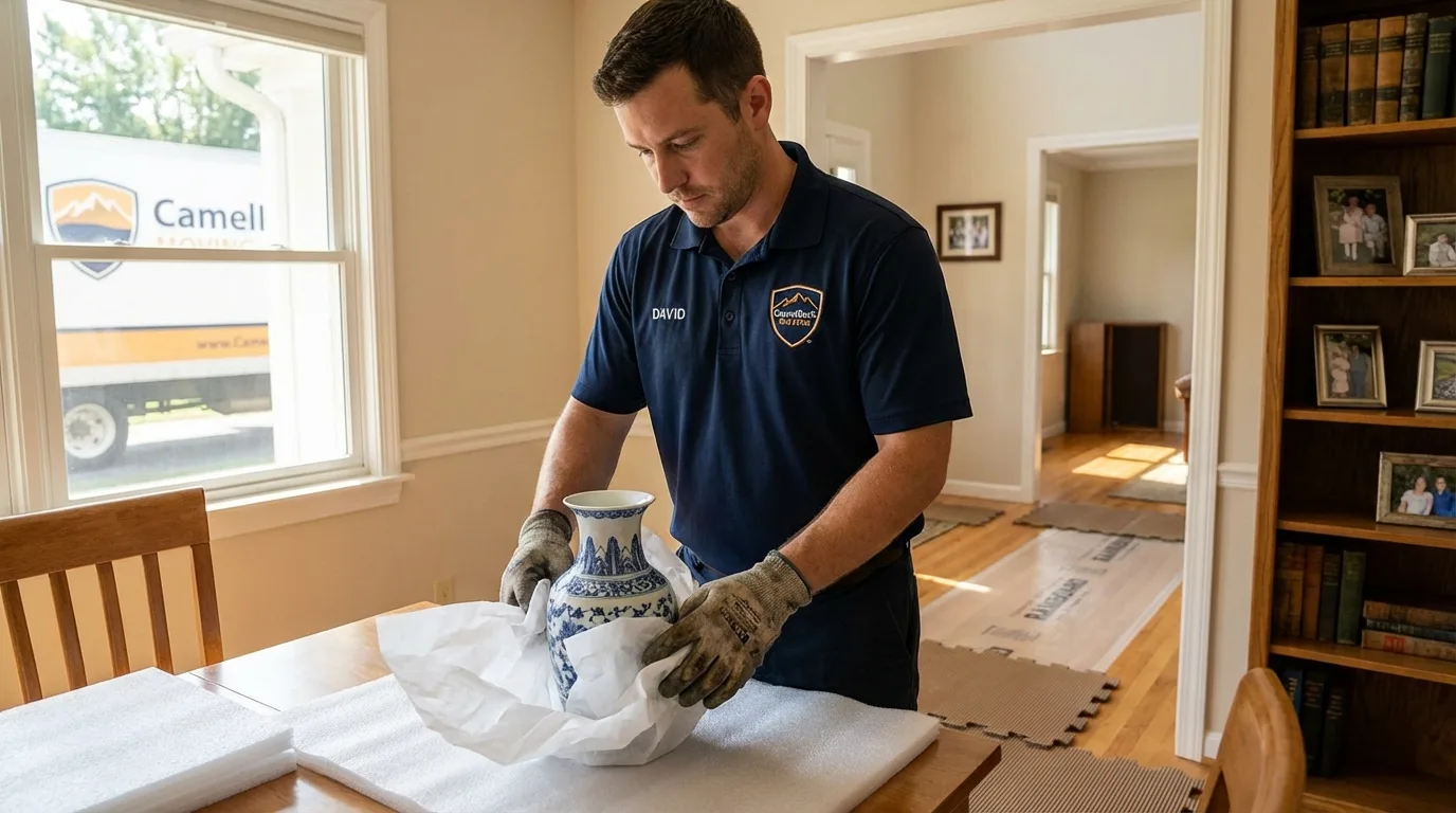 Professional crew carefully wrapping antique vase for senior downsizing move in Saint Matthews, SC
